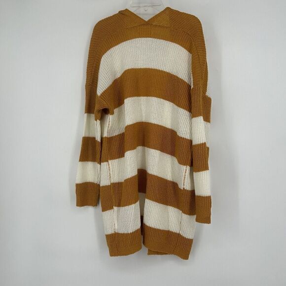 Dreamers Mustard Yellow White Stripe Cardigan Open Front Long Line Slouchy Sz S - Picture 6 of 10
